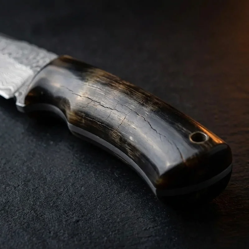 Perkin — Hand-Forged Damascus Hunting Knife Buffalo Horn Handle - 3