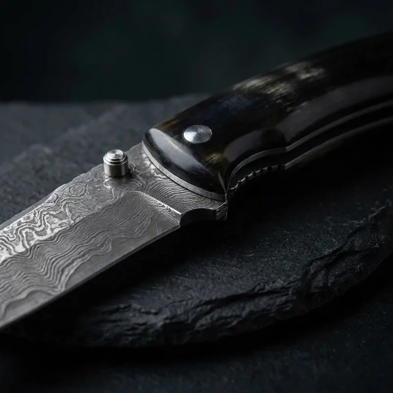 Perkin — Hand-Forged Damascus Hunting Knife Buffalo Horn Handle - 4