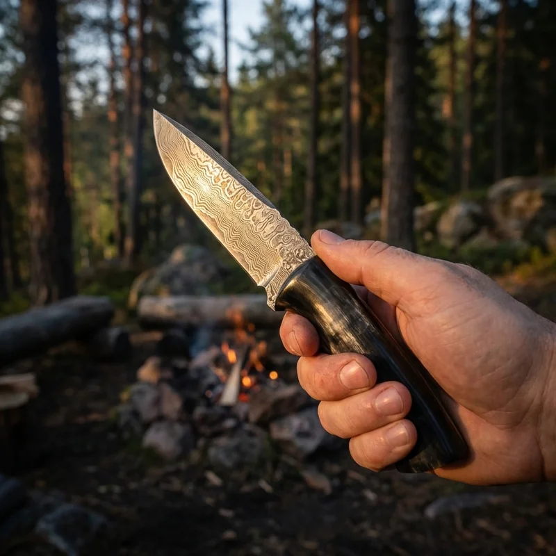 Perkin — Hand-Forged Damascus Hunting Knife Buffalo Horn Handle - 5