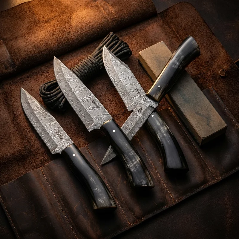 Perkin — Hand-Forged Damascus Hunting Knife Buffalo Horn Handle - 6