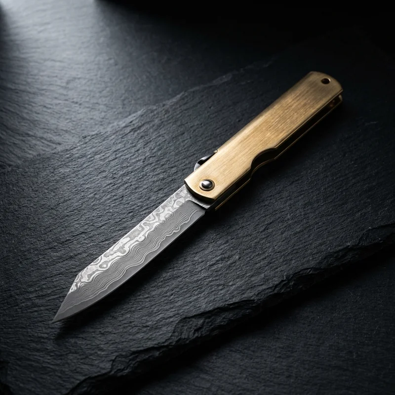 Nagao Seisakusho — Damascus Higonokami Knife VG-10 Core Brass Handle - 1