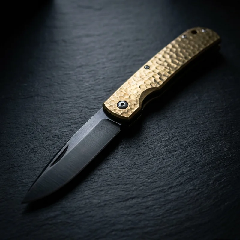 Higo Taka — Aogami Super Steel Japanese Friction Folder Hammered Brass Handle - 1