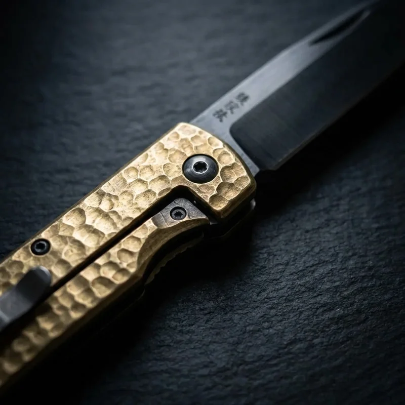 Higo Taka — Aogami Super Steel Japanese Friction Folder Hammered Brass Handle - 4