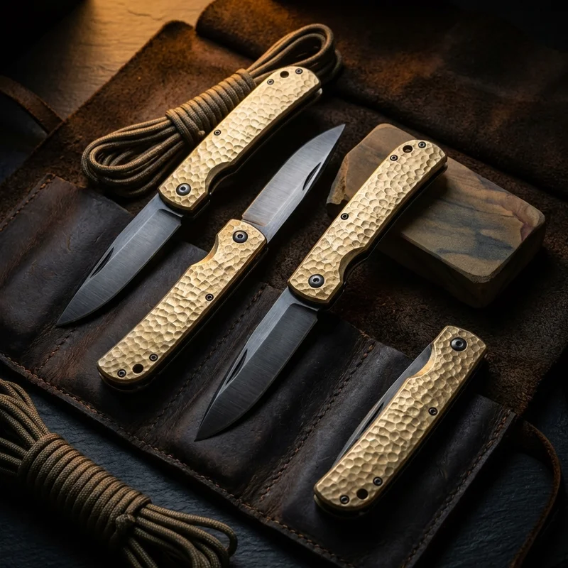 Higo Taka — Aogami Super Steel Japanese Friction Folder Hammered Brass Handle - 6