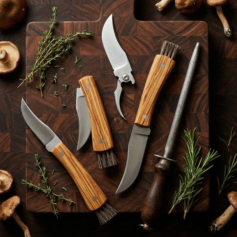 Maserin — Mushroom Foraging Knife Stainless Steel Olive Wood Handle with Brush - 6
