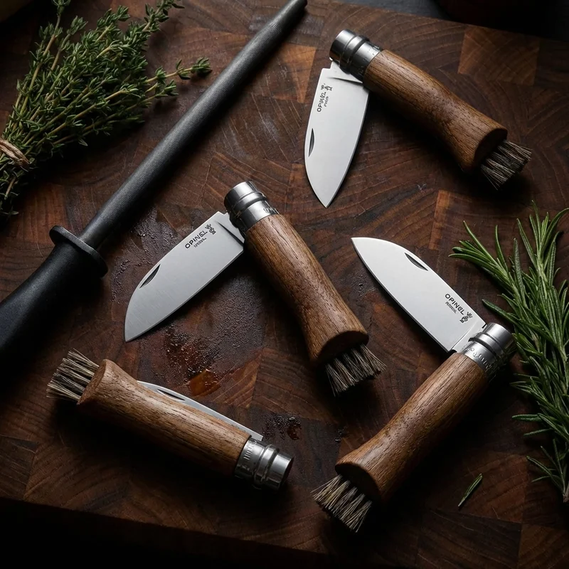 Opinel N°08 — Mushroom Knife Sandvik Steel Oak Handle with Boar Bristle Brush - 6