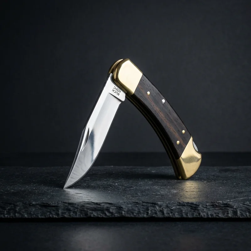 Buck 110 — Folding Hunter Pocket Knife 420HC Steel Ebony Dymondwood Brass Bolsters - 1