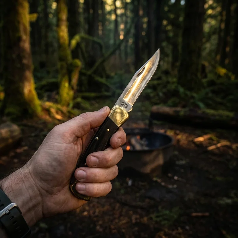 Buck 110 — Folding Hunter Pocket Knife 420HC Steel Ebony Dymondwood Brass Bolsters - 5