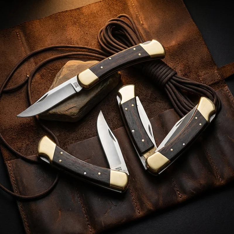 Buck 110 — Folding Hunter Pocket Knife 420HC Steel Ebony Dymondwood Brass Bolsters - 6